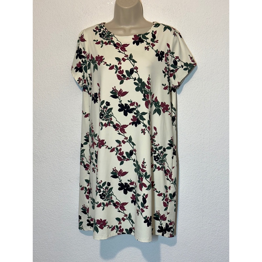 Jude Connally Floral Shift Dress Cream Burgundy Green Short Sleeve‎ L 101121